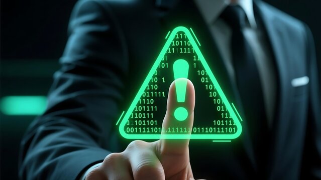 Cyber security threat alert with binary code and warning sign for data breach protection concept