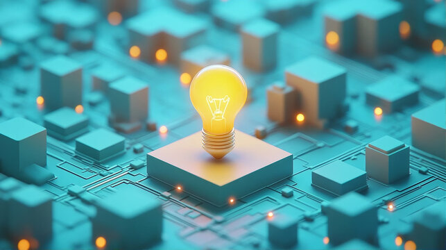 Glowing light bulb standing on blue futuristic circuit board background showing innovation and idea concept