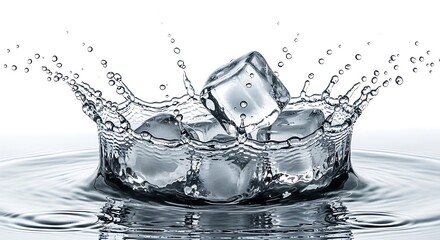 Refreshing splash of crystal clear ice cubes plunging into pure water, capturing a dynamic moment of liquid motion