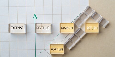 Business Financial Concepts Visualized with Clear Blocks for Expense, Revenue, Margin, Return, and Profit Map in Workspace Setting