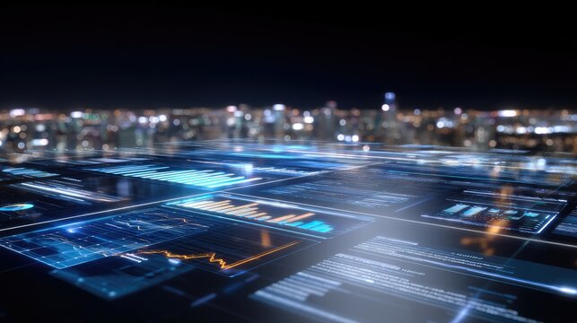 Fototapeta High-Tech Digital Interface with Data Visualization Over City Skyline at Night Featuring Graphs and Charts in Futuristic Environment