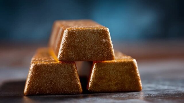 Golden Bars Stacked: This captivating shot of golden bars, meticulously stacked against a blurred backdrop, symbolizes wealth and enduring value, captivating viewers. 