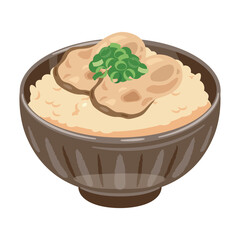 お茶碗に盛られた牡蠣飯のイラスト／Illustration of Oyster Rice Served in a Rice Bowl