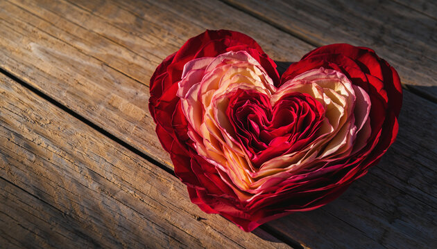 Red and peach double layer rose petal heart on rustic wooden tabletop, romantic and creative floral arrangement with natural sunlight, symbolizing love and affection