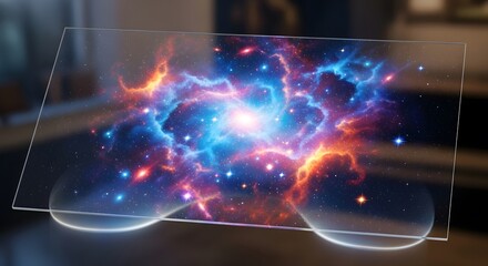 Illustration of holographic projection of a vibrant blue and orange nebula galaxy displayed on a transparent futuristic screen in a modern setting