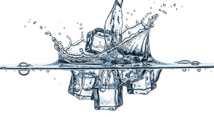 Dynamic splash of clear water and melting ice cubes, creating refreshing ripples and a cool burst on a pristine white background