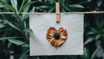 Pressed flower heart shape on cotton paper card, natural daylight, organic style, hanging on twine with clothespin, green foliage background, romantic and eco friendly design