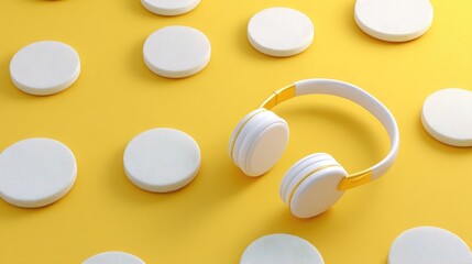 White headphones on a vibrant yellow background surrounded by circular shapes, perfect for music, sound, and creativity themed projects and designs