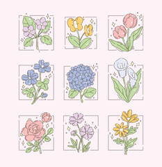 Set of cute botanical flower vector illustrations