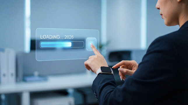 Businesswoman loading the new year 2026 on a futuristic virtual progress bar