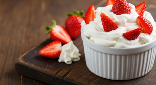 Fresh strawberries and whipped cream dessert on a wooden board