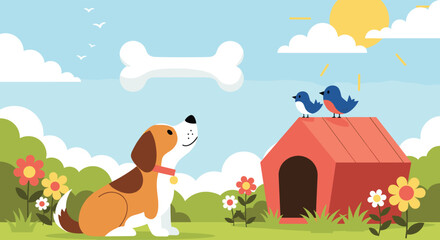 Fototapeta premium A happy cartoon dog sits in a bright, sunny meadow, gazing longingly at a floating bone while two birds perch on its red doghouse.