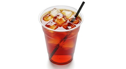 Chilled amber beverage in a disposable cup, perfect for a hot summer day, with glistening ice and a dark straw