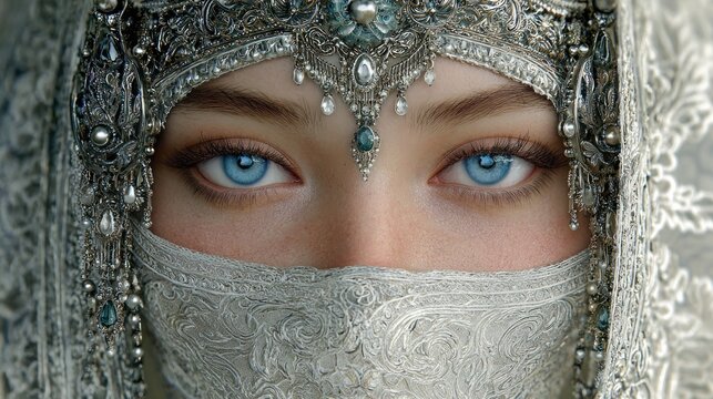 Woman with striking blue eyes wearing ornate head covering portrait