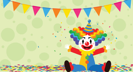 Fototapeta premium A joyful clown with a colorful wig and hat sits on a floor full of confetti under festive bunting flags, celebrating a party.