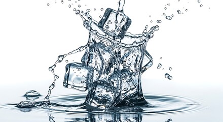 Dynamic splash of fresh water as clear ice cubes drop, creating refreshing ripples and crystalline droplets