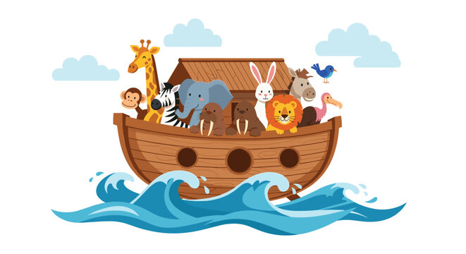Colorful cartoon Noah's Ark on water, filled with a happy assortment of animals including a giraffe, elephant, lion, and zebra, under a cloudy sky.