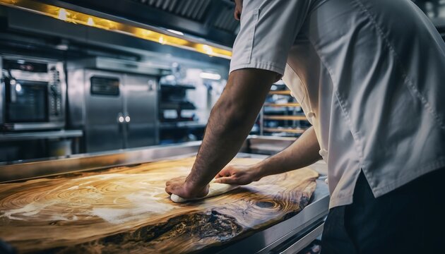 Culinary Craftsmanship: A chef expertly prepares a culinary delight on a spacious countertop within a professional kitchen setting