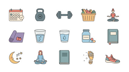 Healthy Lifestyle Icons Representing Fitness Wellness and Self Care.