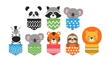 Naklejka premium Adorable collection of cartoon wild animals peeking from colorful patterned pockets, perfect for children's designs and playful themes.