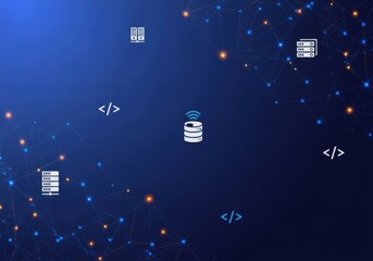 Abstract digital network background with glowing nodes, featuring database icon, server rack icons, and code symbols representing data connectivity and cloud computing infrastructure