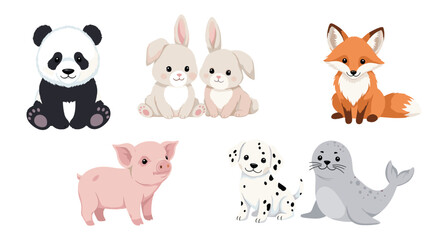 Obraz premium Adorable collection of cartoon baby animals, featuring a panda, two bunnies, a fox, a pig, a dalmatian puppy, and a curious seal, on white.