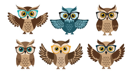 A collection of six cute cartoon owls wearing various styles and colors of glasses, perfect for educational or whimsical designs.