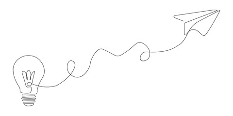 Creative Vision and Innovation Concept with Light Bulb and Paper Airplane in Continuous Line Art Style Depicting New Ideas and Imaginations
