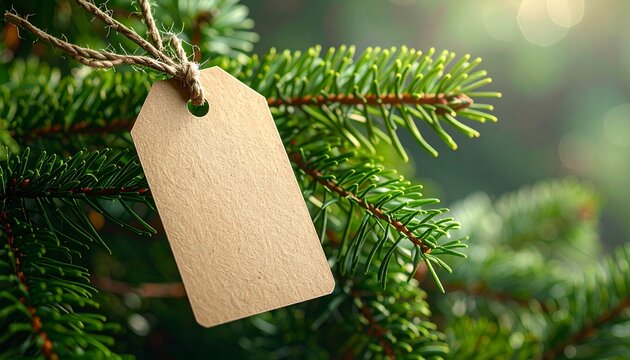 A blank, rustic price tag or gift tag hangs from the green needles of a pine tree branch, ready for a handwritten message or price