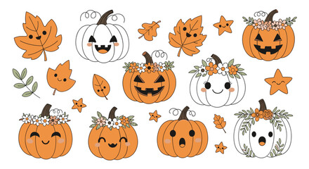 A charming collection of kawaii Halloween and autumn illustrations featuring cute pumpkins, grinning jack-o'-lanterns, and cheerful fall leaves.