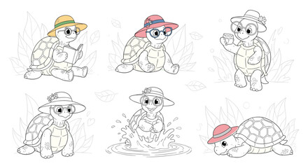 Obraz premium Cute cartoon turtles in a set of six poses, each wearing a stylish hat and displaying different charming expressions.