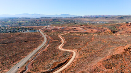 Aerial view of dirt road and highway in desert near Mesquite Nevada