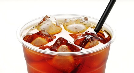 Refreshing dark iced beverage in a clear plastic cup, complete with ice cubes and a black straw against a bright white background