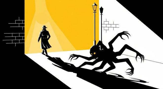 Silhouette of private investigator confronting monstrous shadow creature under yellow spotlight on city street