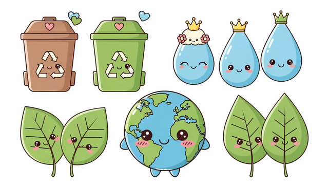 A cute collection of kawaii environmental icons including Earth recycling bins leaves and water drops.