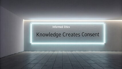 Modern workspace with glowing neon sign about informed ethics and consent in a minimalistic interior design