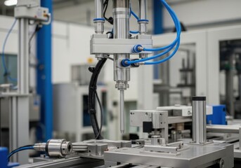 Closeup of an automated industrial machine head with blue tubing performing a precise manufacturing or assembly task on a production line