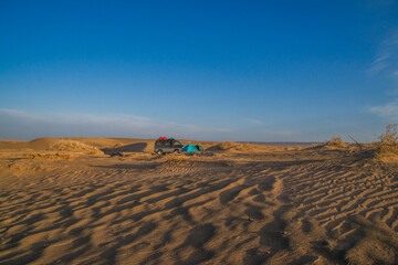 A tent camp in the sands of the Gobi Desert, Mongolia.