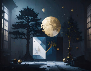 幾何学的に分割されたパネルが映し出す、冬の風景。巨大な満月が照らす、ドラマティックで神秘的な空間。