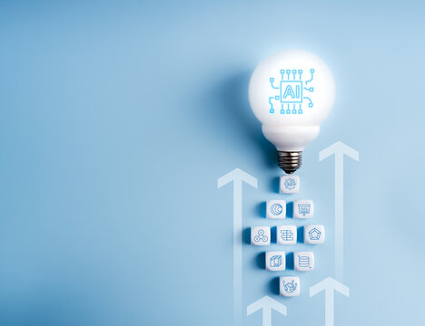 Glowing AI light bulb with digital icons and rising arrows on blue background, symbolizing rapid growth of artificial intelligence, smart technology, data analytics, and futuristic digital innovation.