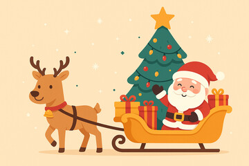 Naklejka premium Santa Riding Gift Sleigh Pulled by Reindeer – Cute Flat Christmas Illustration
