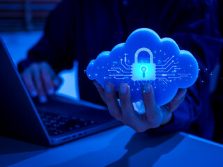 Cloud security concept with glowing padlock icon and digital circuit, representing secure data storage, network protection, cybersecurity, and privacy in modern cloud computing environment.