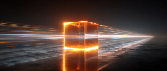 Glowing orange cube with high speed light trails and motion blur on dark background