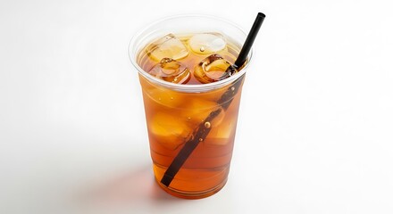 Refreshing Iced Tea Beverage in a Clear Plastic Cup with Ice Cubes and Straw on a Clean White Background