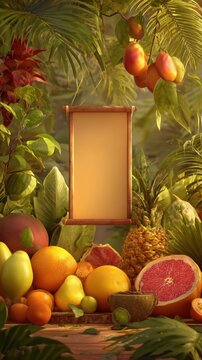 Vibrant tropical fruits arrangement with scroll in lush greenery