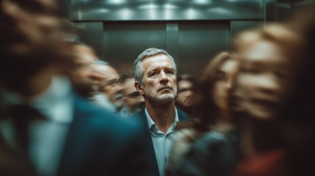 middle aged corporate executive standing motionless in crowded office elevator with moving coworkers and id badge representing workplace isolation stress and business routine