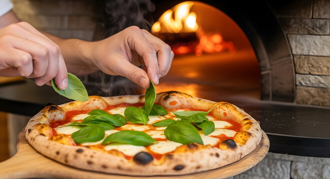 A person's hands carefully placing fresh basil leaves onto a hot, freshly baked Neapolitan pizza, with a traditional wood-fired oven glowing in the background.