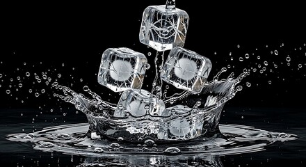 Dynamic moment of clear ice cubes creating a spectacular splash and crown in dark, refreshing water