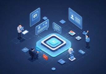 Isometric illustration of people interacting with a glowing central artificial intelligence core and holographic data interfaces in a dark blue digital environment