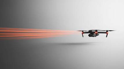 Futuristic white drone flying fast with glowing orange speed light trails background